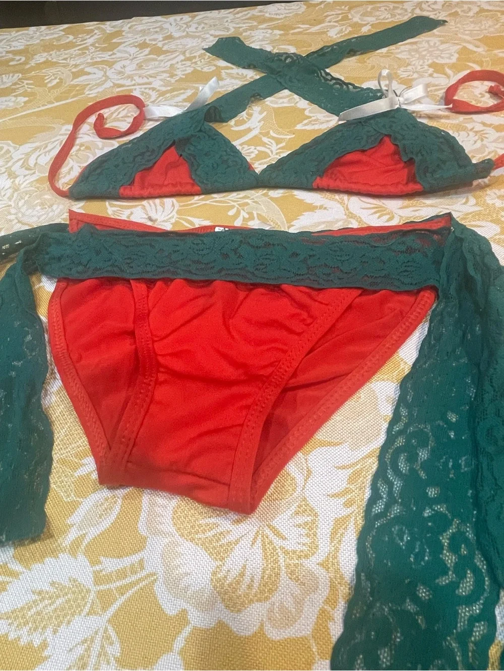 Red & Green Lace Halter Bikini Set - Women Intimates & Sleepwear